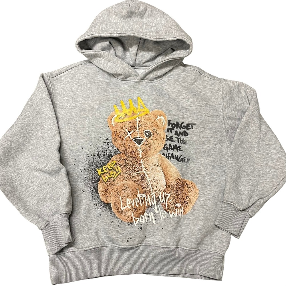 Zara‎ Hoodie Gray Teddy Bear Graphic Football Kids Boys Size 9-10 NWOT